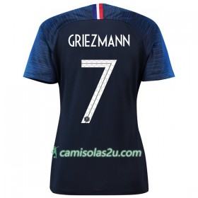 Camisolas de Futebol França Griezmann 7 Mulher Equipamento Principal Copa do Mundo 2018 Manga Curta